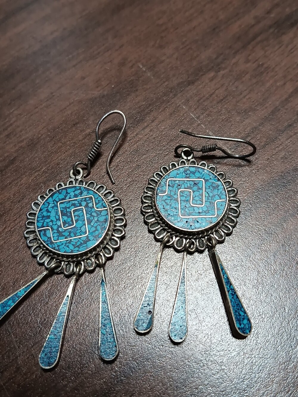 Vintage Mexican Turquoise Inlay with Sterling Silver Dangle Earrings